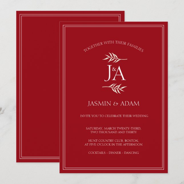 Invitation Élégant Crimson rouge classique Mariage Monogramme (Devant / Derrière)