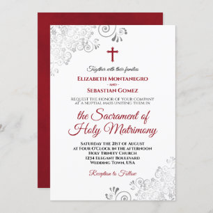 Invitation Élégant Crimson rouge et gris Mariage catholique m