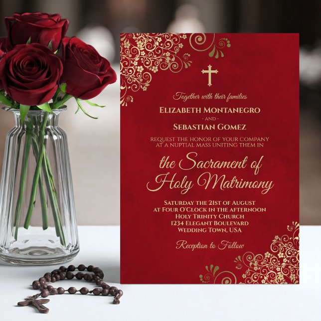 Invitation Élégant Crimson Rouge & Or Mariage catholique mode (Créateur téléchargé)