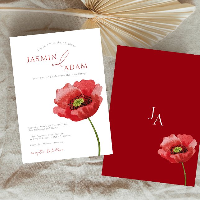 Invitation Élégant Crimson Rouge Poppy Floral Mariage (Elegant Crimson Red Poppy Floral Wedding Invitation)