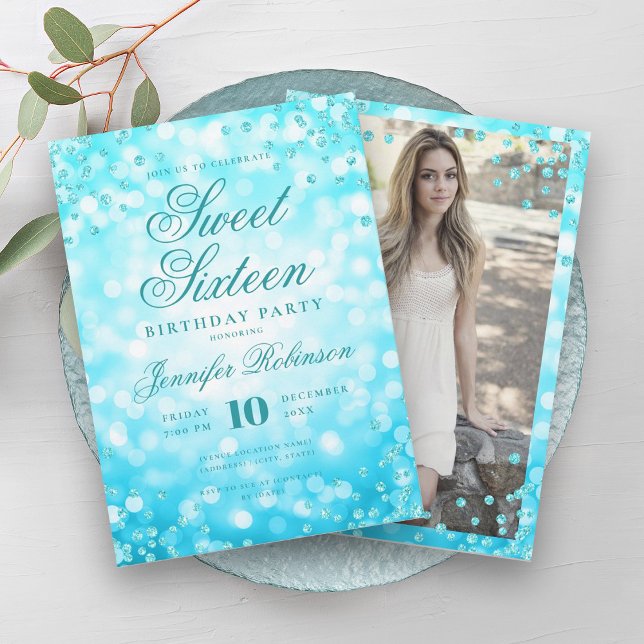 Invitation Élégant cristallin Turquoise Lumières Photo Sweet  (Elegant Turquoise Glam Lights Photo Sweet 16 Invitation)