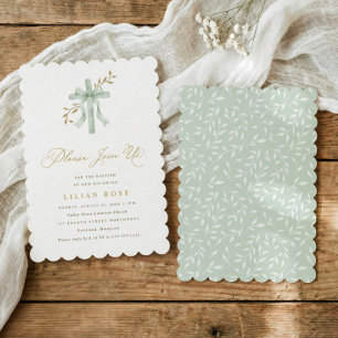 Invitation Élégant Croix à Ruban Vert de Sauge Aquarelle Bapt