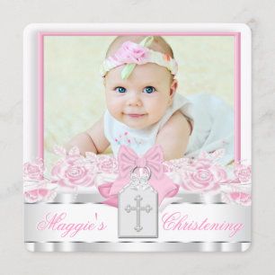 Invitation Elégant croix blanche rose Christening photo