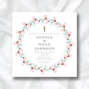 Invitation Élégant Croix Bleue Rose Jumeaux Baptême