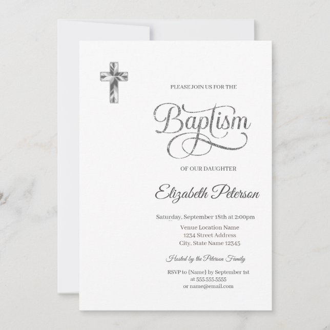 Invitation Élégant croix d'argent minimaliste Baptême (Devant)