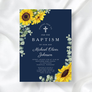 Invitation Élégant Croix de Tournesol Bleu Marine Baptême