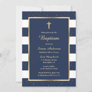 Invitation Élégant Croix d'or bleu moderne Starry Baptism