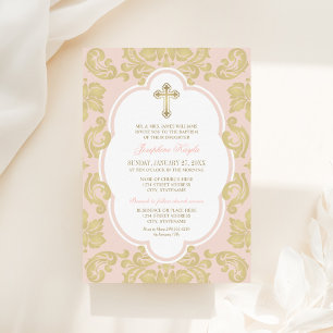 Invitation Elégant Croix d'or Blush Damask Baby Girl Baptiser