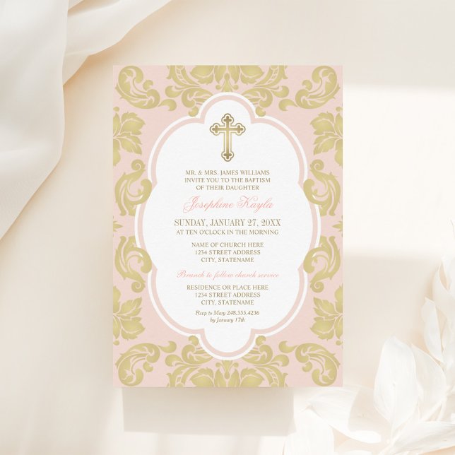 Invitation Elégant Croix d'or Blush Damask Baby Girl Baptiser (Créateur téléchargé)