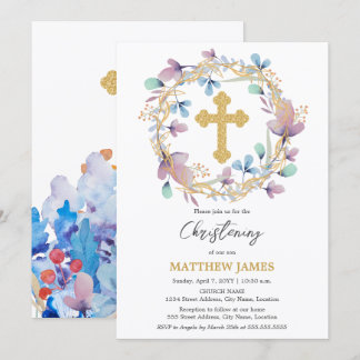 Invitation Elégant Croix d'or Christening Floral
