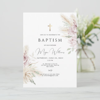 Invitation Elégant Croix d'or et fleurs roses boho Baptême