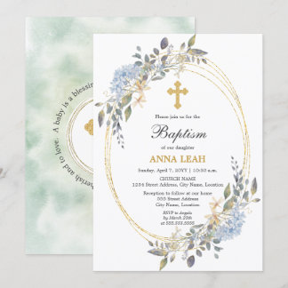 Invitation Élégant croix d'or floral Baptême