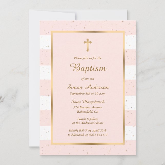 Invitation Élégant Croix d'or rose moderne Starry Baptism (Devant)