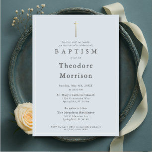 Invitation Élégant Croix Dorée Bleu Poussiéreux Baptême Garço
