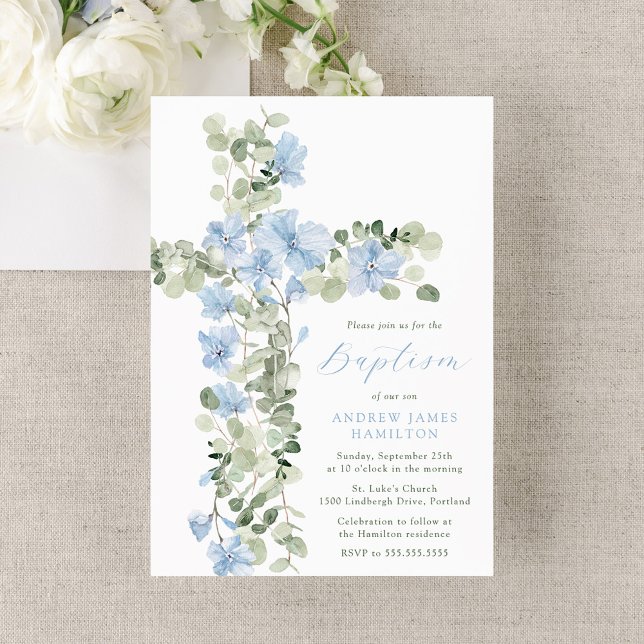 Invitation Élégant Croix Florale Bleue Baptême Garçon (Créateur téléchargé)