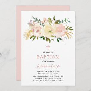 Invitation Élégant croix florale Blush rose Baby Girl Baptism