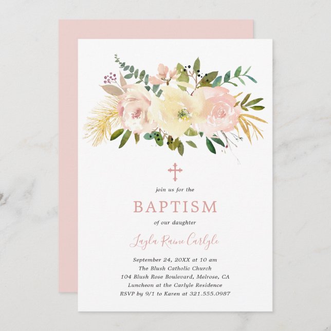 Invitation Élégant croix florale Blush rose Baby Girl Baptism (Devant / Derrière)