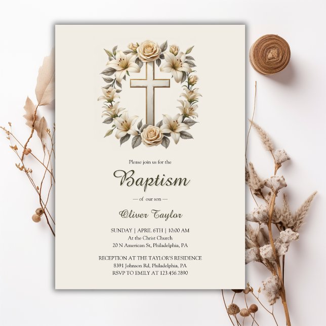 Invitation Élégant croix florale Genre Baptême neutre (Classic Gender Neutral Baptism Invitation with Modern Floral Cross Design)