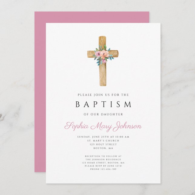 Invitation Élégant croix florale rose Baptême (Devant / Derrière)