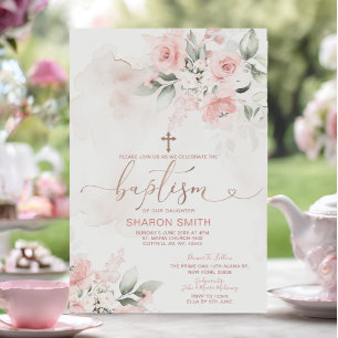 Invitation Élégant croix florale rose baptême baptême