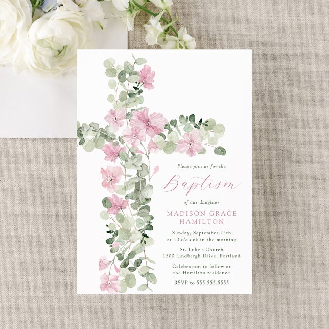 Invitation Élégant Croix Florale Rose pour Baptême de Fille (Créateur téléchargé)