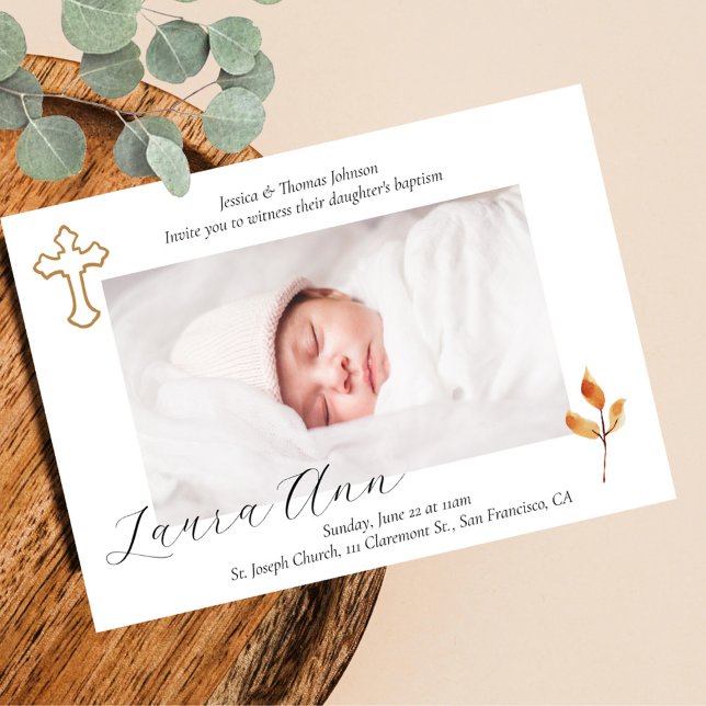 Invitation Elégant Croix minimal Baby Photo Baptême (Créateur téléchargé)