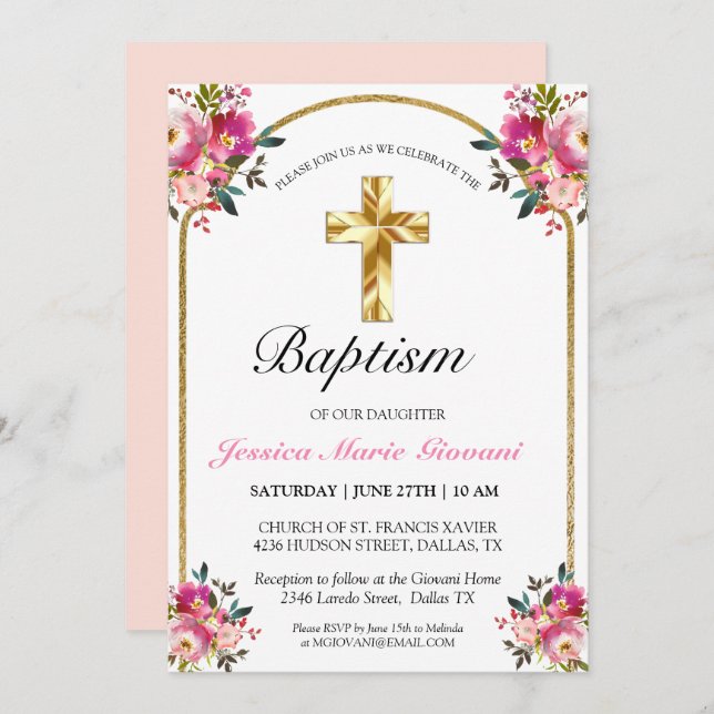 Invitation Elégant Croix Or rose Floral Girl Baptism (Devant / Derrière)