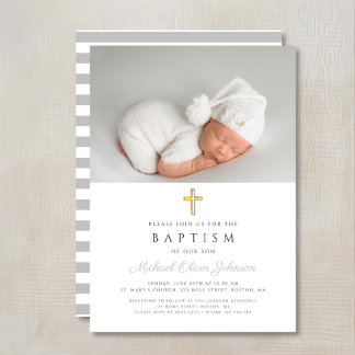 Invitation Élégant croix religieuse Boy Baptism Photo