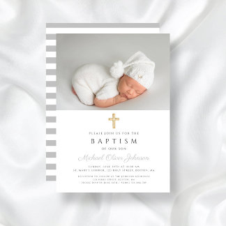 Invitation Élégant croix religieuse Boy Baptism Photo