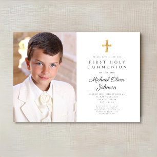 Invitation Elégant Croix Religieuse Photo Boy First Communion