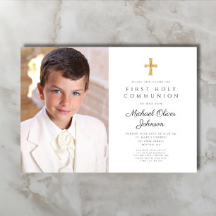 Invitation Elégant Croix Religieuse Photo Boy First Communion