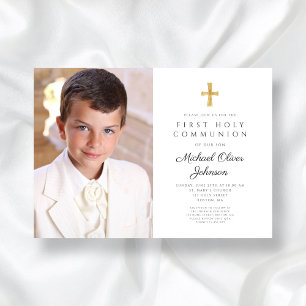 Invitation Elégant Croix Religieuse Photo Boy First Communion