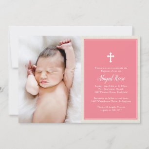 Invitation Élégant croix rose photo Baptême Christening