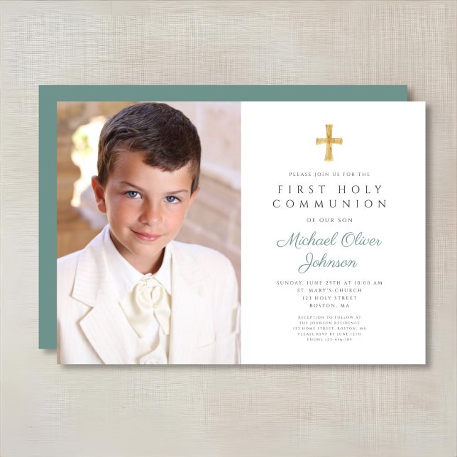Invitation Elégant Croix Verte Photo Boy First Communion (Elegant Green Cross Photo Boy First Communion Invitation)