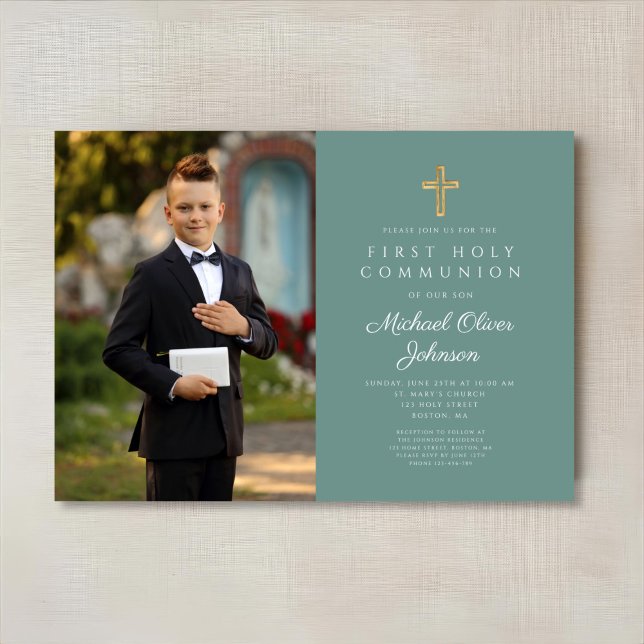 Invitation Elégant Croix Verte Photo Boy First Communion (Elegant Green Cross Photo Boy First Communion Invitation)