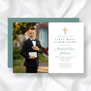 Invitation Elégant Croix Verte Photo Boy First Communion