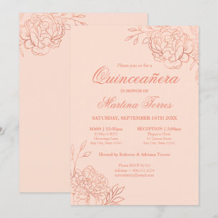 Invitation Elégant croquis or rose floral Quinceanera
