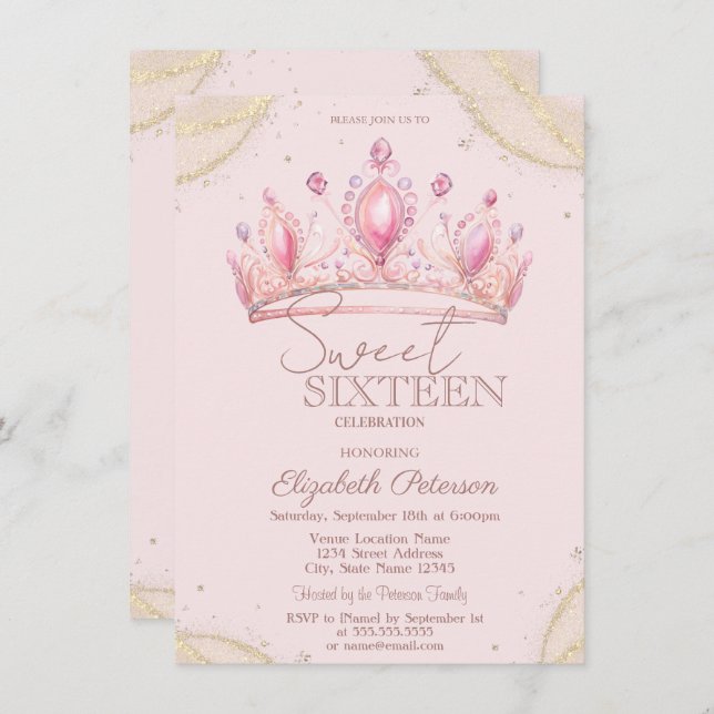 Invitation Elegant Crown Gold Glitter Corners Sweet 16   (Devant / Derrière)