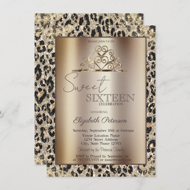 Invitation Elegant Crown Leopard Print Sweet 16   (Devant / Derrière)