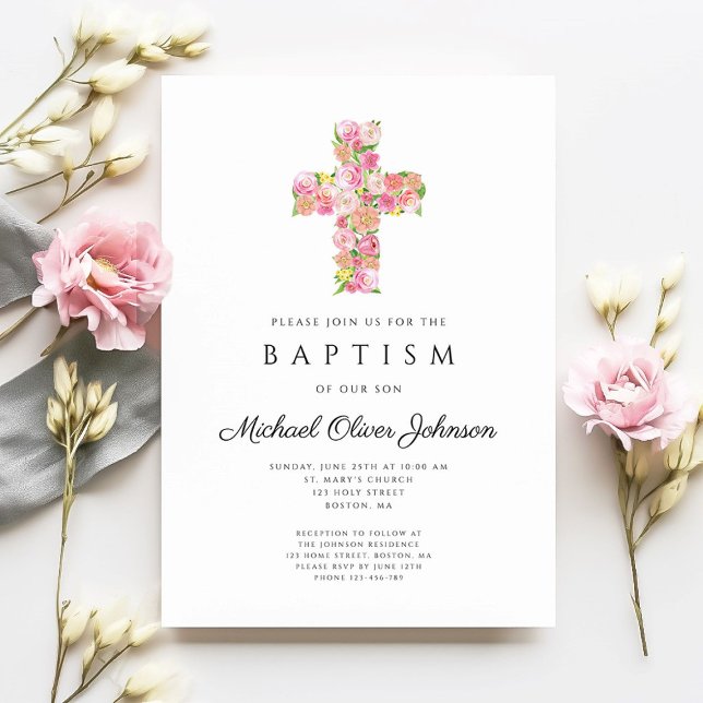 Invitation Élégant culte floral rose croix Baptême (Elegant Religious Floral Pink Cross Baptism Invitation)