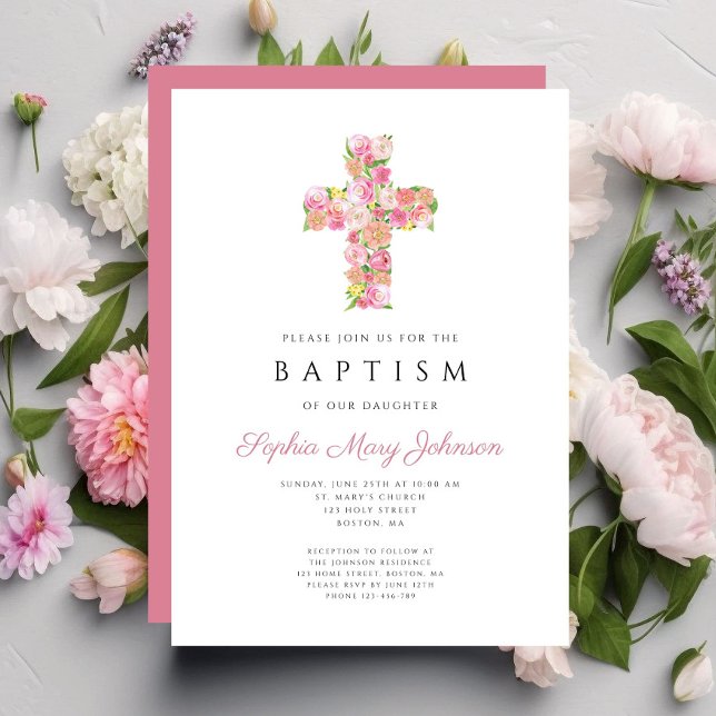 Invitation Élégant culte rose floral croix Baptême (Elegant Religious Pink Floral Cross Baptism Invitation)