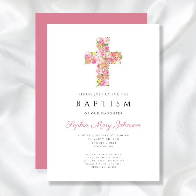 Invitation Élégant culte rose floral croix Baptême (Elegant Religious Pink Floral Cross Baptism Invitation)