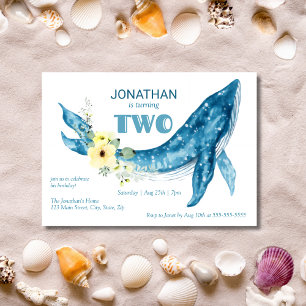 Invitation Elégant Cute Blue Whale Jaune Floral 2e anniversai