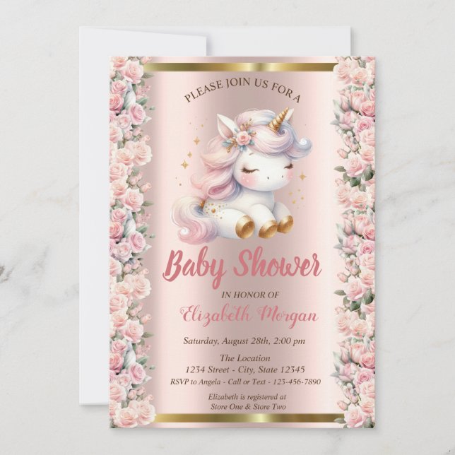 Invitation Élégant Cute Unicorn Rose Rose Baby shower or (Devant)