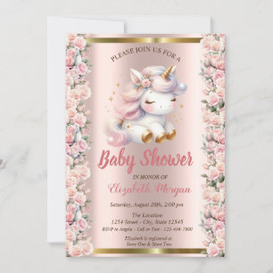 Invitation Élégant Cute Unicorn Rose Rose Baby shower or