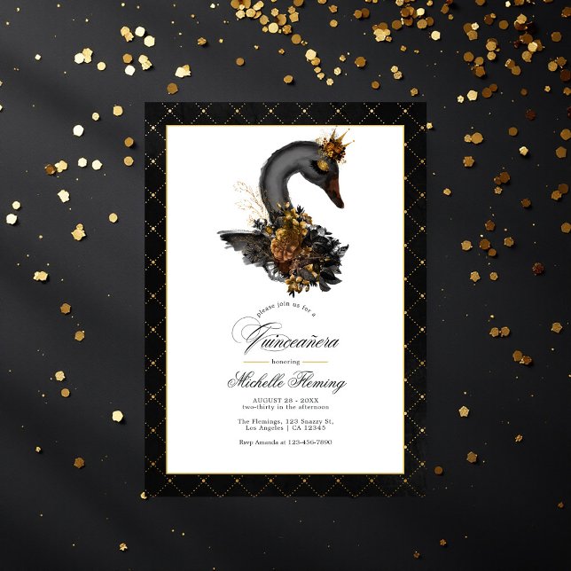 Invitation Elégant cygne noir et or Quinceañera Photo (Elegant Black and Gold Swan Quinceañera Photo Invitation)