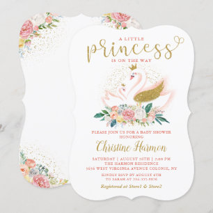 Invitation Elégant cygne or princesse rose Baby shower floral