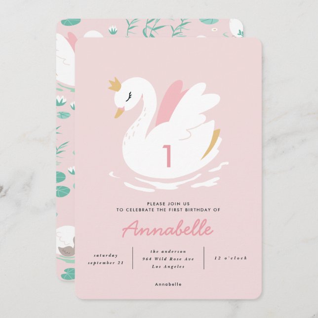 Invitation élégant cygne rose girly pour enfants  (Devant / Derrière)