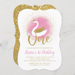 Invitation Elégant cygne rose or princesse fille 1er annivers