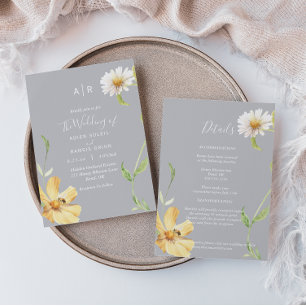 Invitation Élégant Daisy   Détails du monogramme gris en un
